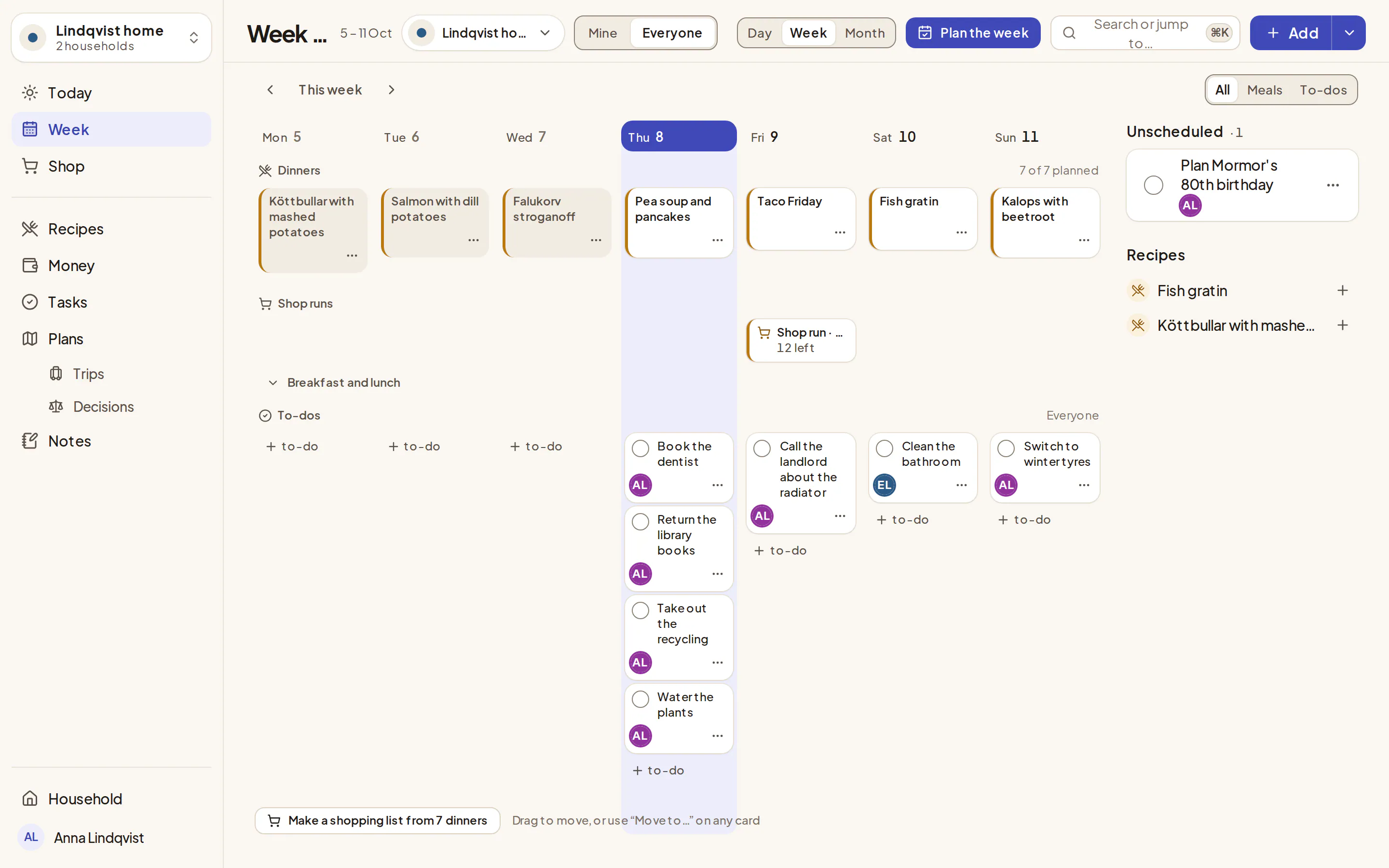 The week plan, with a dinner on each day