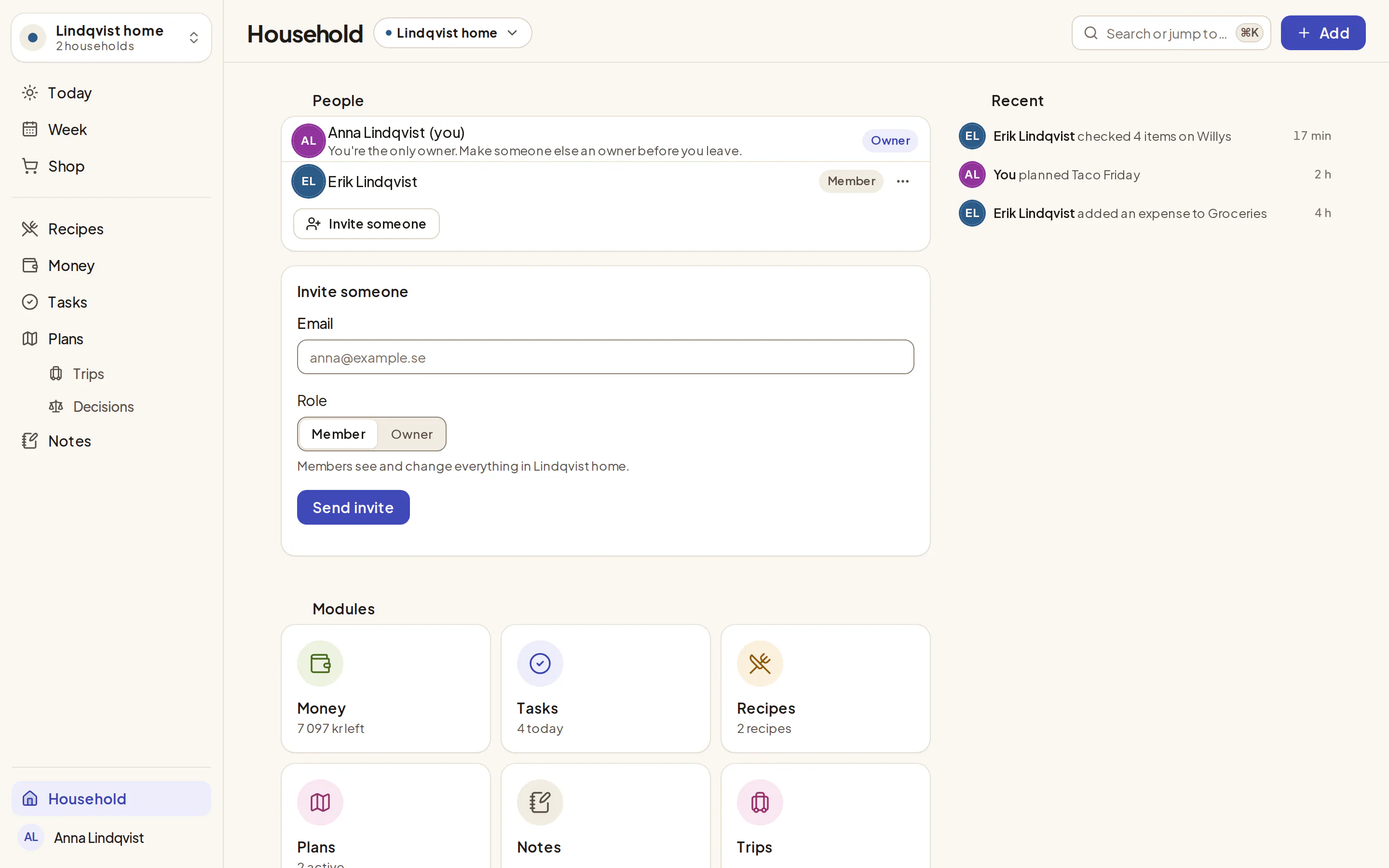 The household page, with its members and shared lists